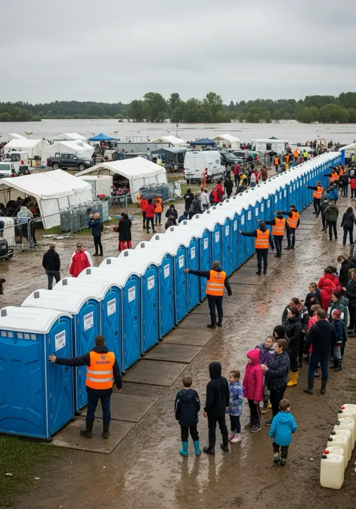 A relief camp after a flood with rows of porta potties volunteers and evacuees using sanitation facilities United States 2 A relief camp after a flood with rows of porta potties volunteers and evacuees using sanitation facilities United States 1