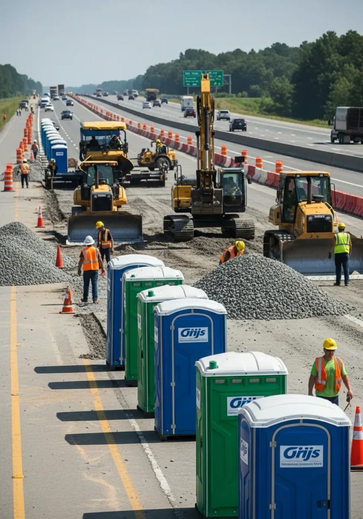 Porta potties placed along a highway roadwork zone with workers operating equipment nearby 85552 Thatcher, AZ 2 Porta potties placed along a highway roadwork zone with workers operating equipment nearby 85552 Thatcher, AZ 1